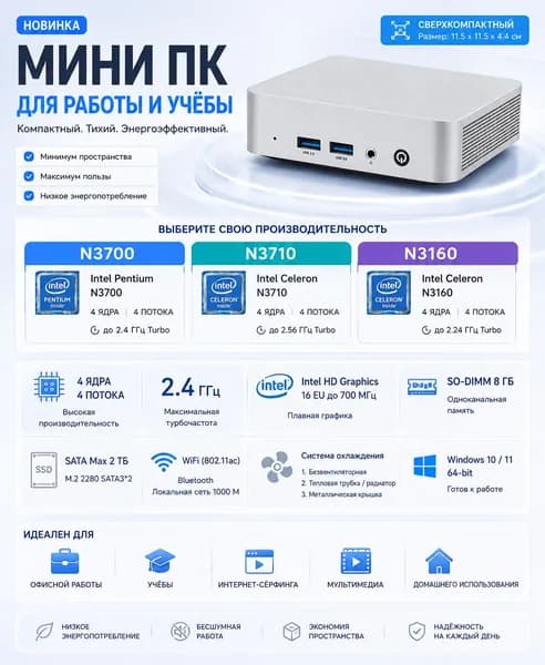 Мини-ПК (Intel Celeron N3160, RAM 8 ГБ, SSD 128 ГБ, Intel Graphics, Windows), слоновая кость