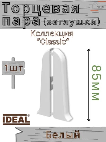 Заглушки (торцевая пара) для плинтуса Ideal КЛАССИК 85 мм 001 Белый 1 пара.