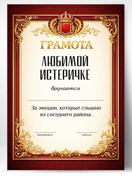 Грамота диплом в подарок - Любимой истеричке