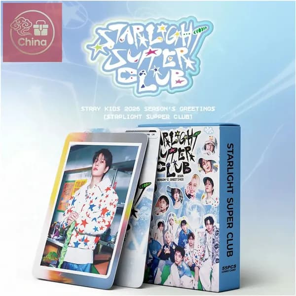 Эксклюзивный набор из 55 LOMOкарточек от VOFIRROB STRAY KIDS, посвященный сезонным поздравлениям 2026 Starlight super club, включает минифотокарточки KPOP SKZOO.