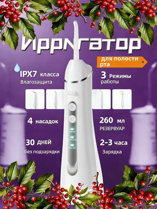 Ирригатор для зубов и десен портативный с щеткой, 260 мл