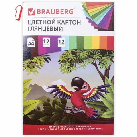 Картон цветной А4 мелованный (глянцевый), 12 листов 12 цветов, в папке, , 200х290 мм, Килиманджаро, , (набор из 1 шт)