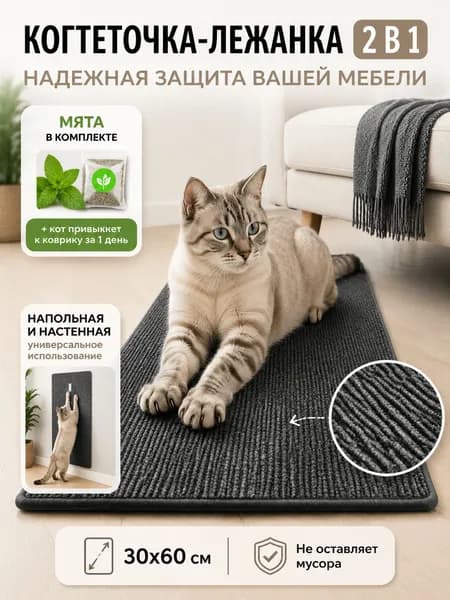 Когтеточка лежанка для кошек, котов и котят напольная, когтедралка настеннная 30х60 серая