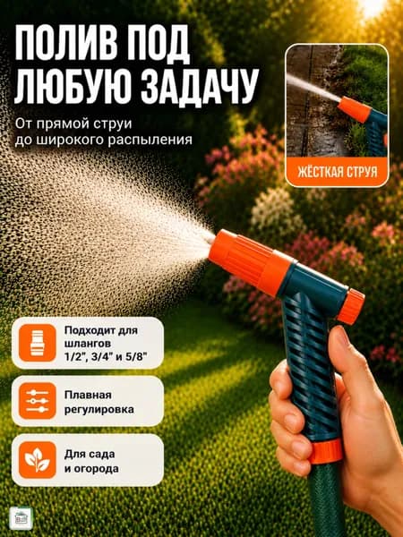 Распылитель для полива сада и огорода насадка на шланг поливалка для дачи с регулировкой напора 1/2"-5/8"-3/4" 10