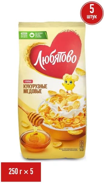 Хлопья Любятово кукурузные медовые 250 г, набор: 5 штук