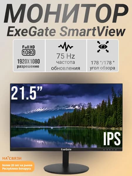 ExeGate 21.5" Монитор ExeGate SmartView EP2207 EX295590RUS (EX295588RUS), IPS, 1920x1080, 75 Гц, черный матовый, черно-серый
