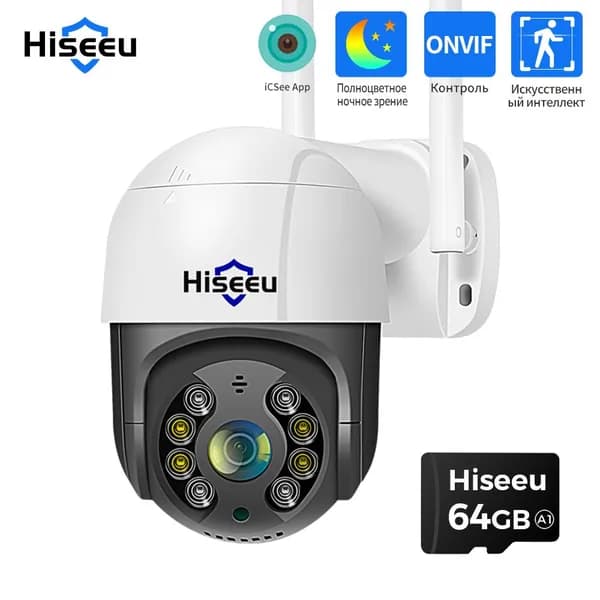 Hiseeu 5MP 64 ГБ SD -карта смарт Wifi PTZ камера 5x цифровой зум AI Обнаружение человека ONVIF Беспроводная CCTV IP камера Iptv защита безопасности