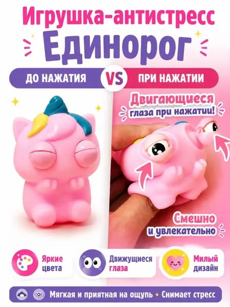 Игрушка антистресс сквиш Единорог с выпучивающимися глазами, мялка жмяка для детей и взрослых, розовая