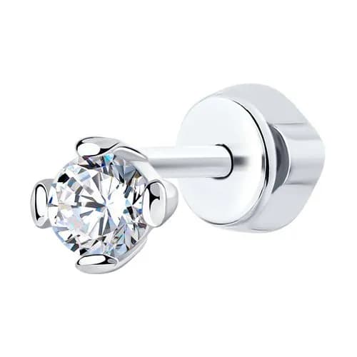 Серьга одиночная из родированного серебра 925 пробы с фианитом 3,5 мм
