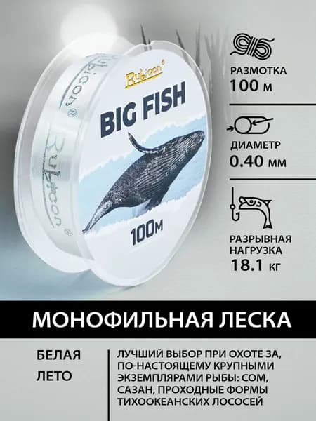 Леска для рыбалки RUBICON Big Fish 100m 0,40 мм , белая толстая / Леска на сома, морская, для жерлиц, для карпа
