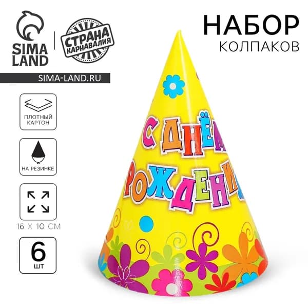 Бумажные колпаки С днём рождения! Цветы , набор 6 шт., 16 см