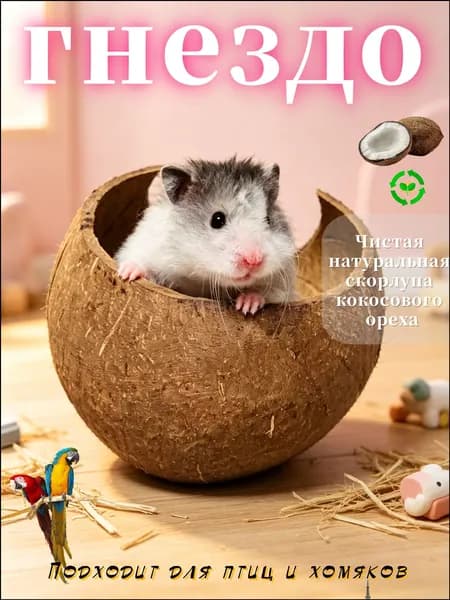 Гнездо для попугая изготовлено из натурального кокоса, диаметр кокоса: 10-13 см, 1 штука