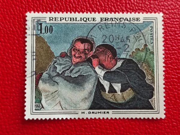 Марки Франция 1966. Оноре Домье: "Криспен и Скапен". Серия: Французское искусство. Гашение. Редкость - См фото