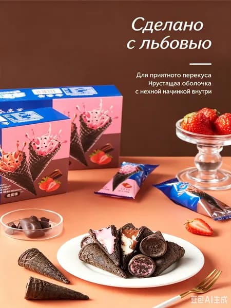 1 коробка (6 палочек) мороженого в рожке с шоколадной крошкой, 2 разных вкуса