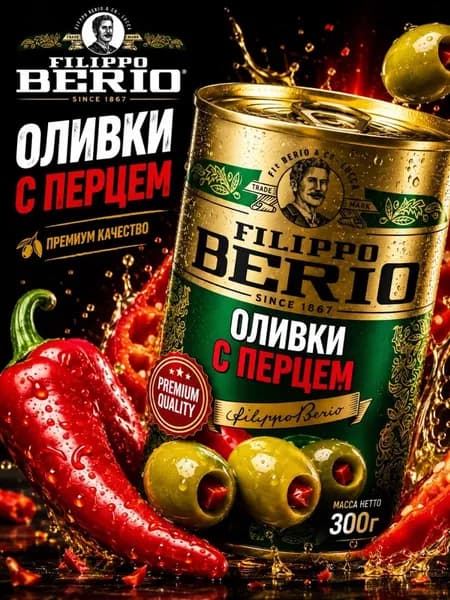 Оливки без косточки с перцем крупные Filippo Berio 300гр