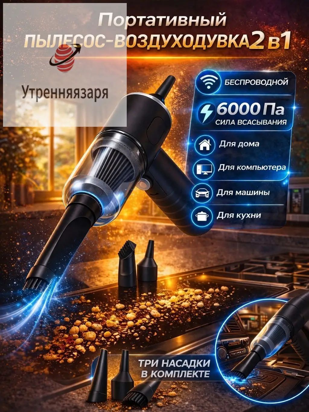 Пылесос для автомобиля ручной беспроводной, портативный автомобильный мини пылесос 6000 пА, черный
