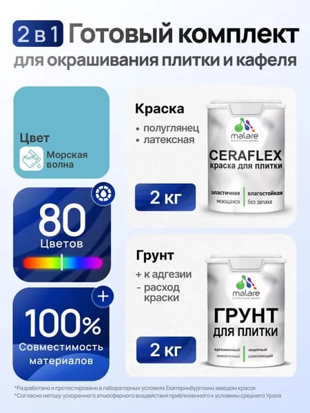 Комплект Malare LIPPO для окрашивания плитки и кафеля (2кг грунт + 2кг краска), акриловый, без запаха, быстросохнущий, полуглянцевый, цвет морская волна