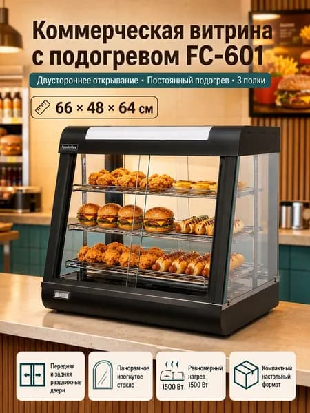 Витрина тепловая для еды 1500 Вт с двухсторонним открыванием для фаст-фуда