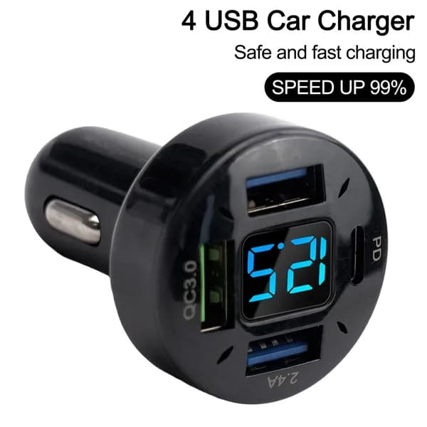 Автомобильное зарядное устройство с 4 портами USB для QC3.0+PD, цифровой светодиодный вольтметр 12 В/24 В.