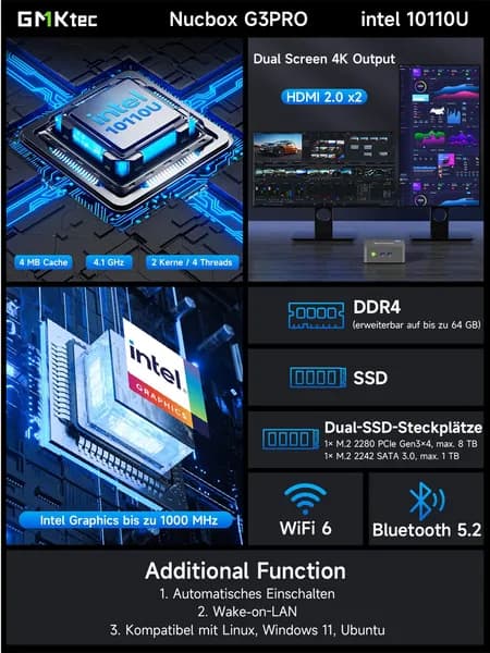 Мини-ПК (Intel Core i3-10110U, RAM 8 ГБ, SSD 500 ГБ, Intel Graphics, Windows), черный