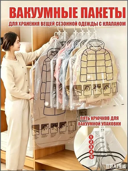 Эксклюзивный набор из 1 чехлов с вакуумным клапаном и вешалкой для сезонной одежды, размеры мешков 130 на 70 см