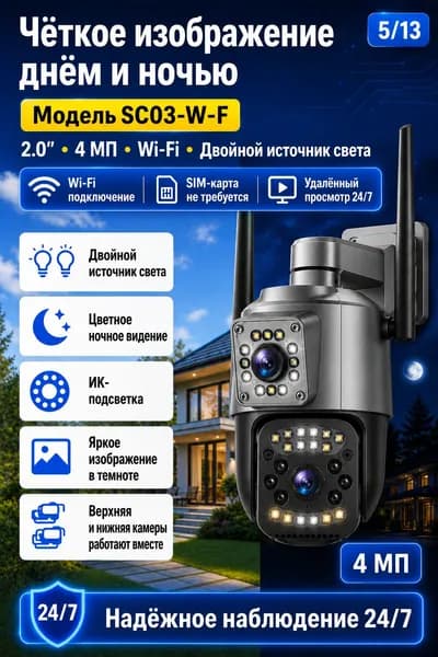 WIFI камера видеонаблюдения уличная двойной объектив, компактные размеры, удобная установка для дома дач