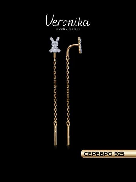 Серьги продевки серебро 925 Кролик Заяц с фианитами Veronika jewelry factory