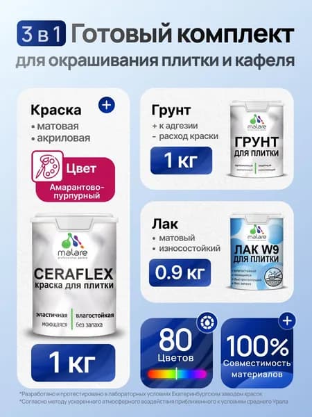 Комплект Malare LIPPO для окрашивания плитки и кафеля (1кг грунт + 1 кг краска + 0.9кг лак), акриловый, без запаха, быстросохнущий, матовый, цвет амарантово-пурпурный