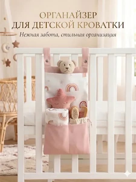 Органайзер на детскую кроватку подвесной розовый карман