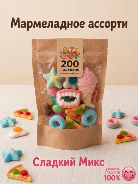 Жевательный сладкий мармелад в пакетиках, вкусный подарок, пачка 200 грамм