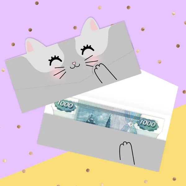 Конверт для денег с днем рождения "Котик с лапкой" 17,5 х 8 см., открытка для денег детям, ребенку