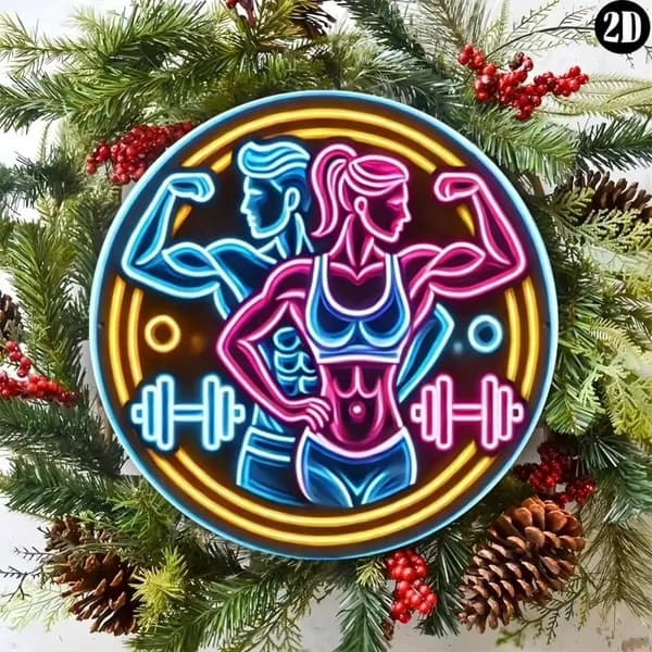 Табличка "Фитнес Неон", спортивный стиль, металл, декор для тренажерного зала и дома, 20х20 см.