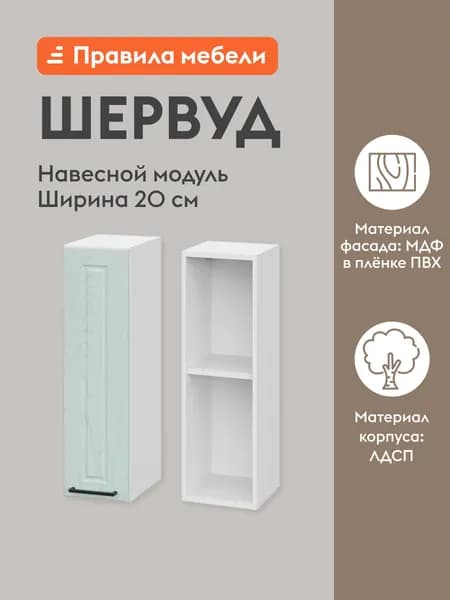 Кухонный модуль навесной, шкаф Шервуд с доводчиками, с полками, 20х29.6х72 см, Белый / Деним голубой