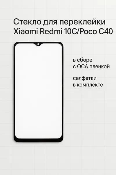 Стекло для переклейки Xiaomi Redmi 10C/Poco C40, в сборе с OCA пленкой, салфетки в комплекте, 1шт