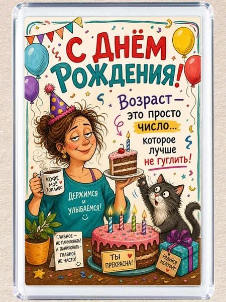 Магнит на холодильник "С днем рождения - возраст это просто число"