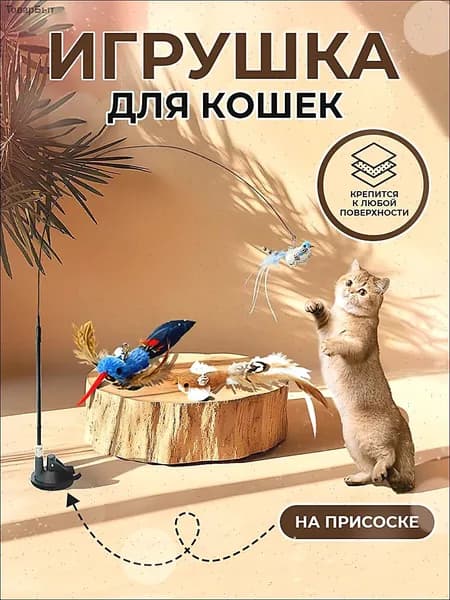 Игрушка для кошек интерактивная, удочка дразнилка на присоске / зоотовары для котят и кошек
