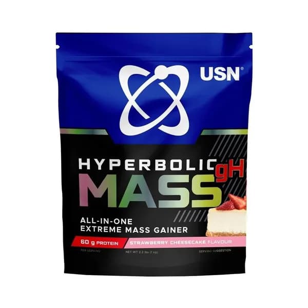 USN Hyperbolic Mass (1 kg) - Гейнер ЮСН со вкусом Клубника Чизкейк / Для набора мышечной массы, для восстановления.