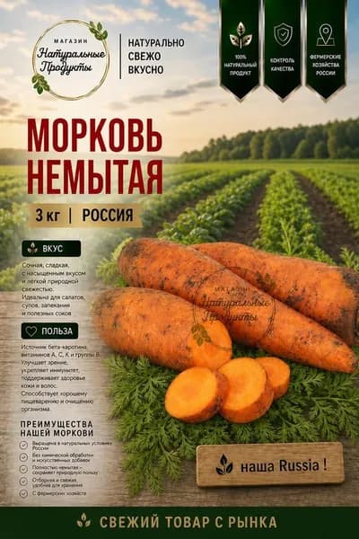 Морковь свежая немытая, 3 кг, РФ сладкая, хрустящая, для кулинарии и заготовок