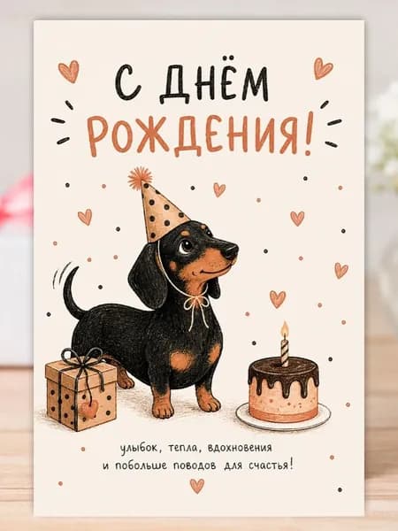 Открытка "С днем рождения" акварельная с таксой, с конвертом, 10х15 MiloCards