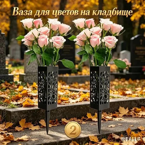 Ритуальная ваза с колышком для кладбища 2шт, черная конусная, для цветов на могилу