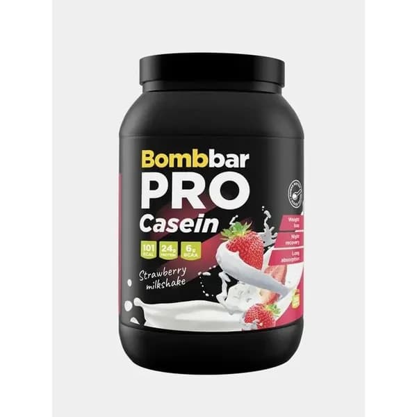 Bombbar Pro Casein Казеиновый протеин без сахара "Клубничный милкшейк", 900г