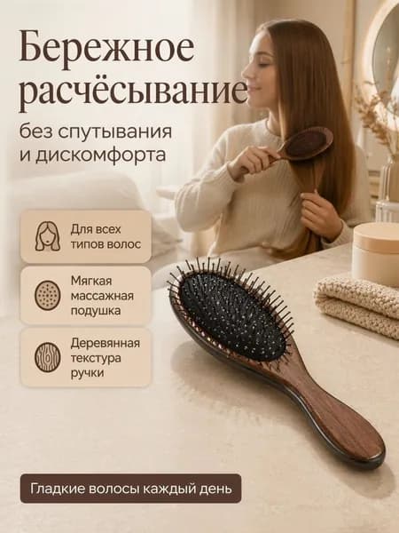 Расческа щетка для волос массажная/ коричневая под дерево