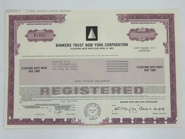 Ценная бумага США BANKERS TRUST NEW YORK CORPORATION, Облигация с плавающей ставкой, 1990 г. №5