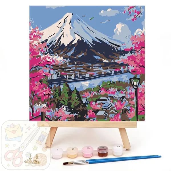 Картина по номерам на холсте с подрамником 20*20CM На горе Фудзи цветет сакура