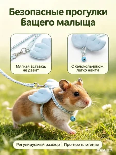 Поводок для хомяков и грызунов, регулируемая шлейка-аксессуар для прогулок с колокольчиком, мягкая защита для крыс и мелких питомцев.