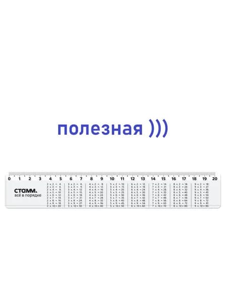 Линейка 20см СТАММ "Таблица умножения", со справочным материалом, пластиковая, прозрачная, бесцветная