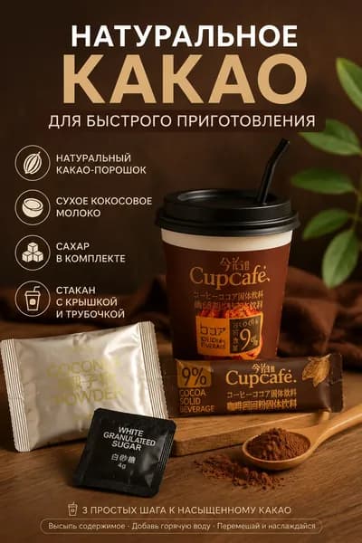 Напиток растворимый на основе какао и солодового протеина в стакане с крышкой и трубочкой