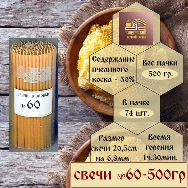 Калужский Свечной Завод Свечи церковные "Пчелиный воск", 20.5 см х 0.68 см, 75 шт