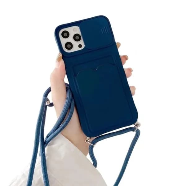 Силиконовый чехол-слайдер для iPhone 15 с держателем карт и шнурком, сапфир
