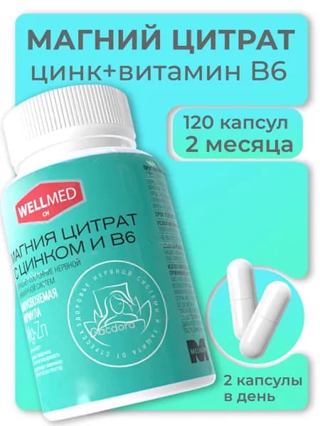WELLMED CH Магний + В6 с цинком для взрослых, от стресса и для сна, 120 капсул